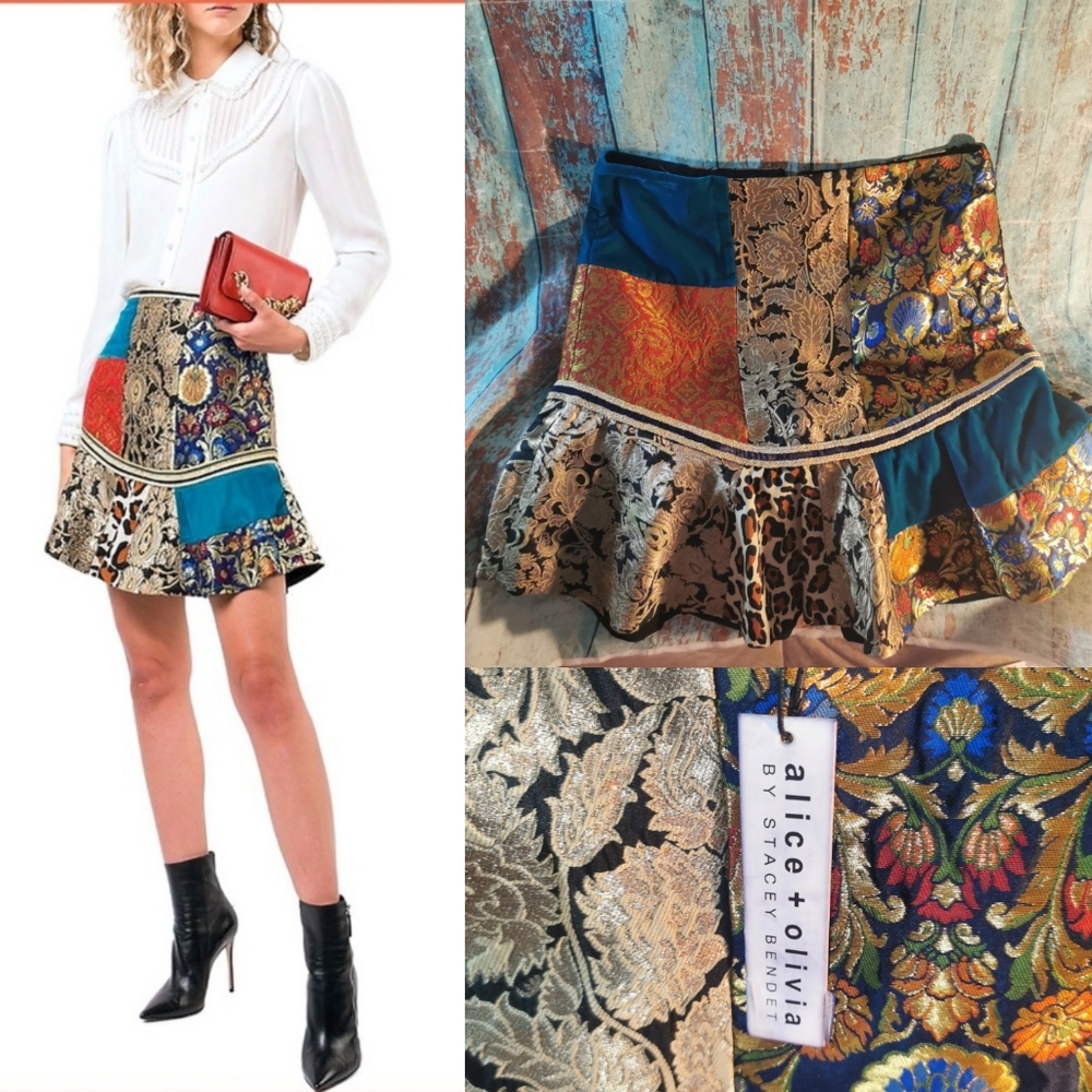 NWT Alice & Olivia Eriko Patchwork Mixed-Print Flounce Hem Mini Skirt
